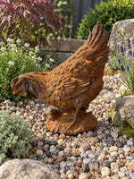 Load image into Gallery viewer, Cast Iron Feeding Hen Garden Ornament — Weathered Rust Finish
