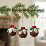 Load image into Gallery viewer, Christmas pudding decorations hanging from a real Christmas tree branch.
