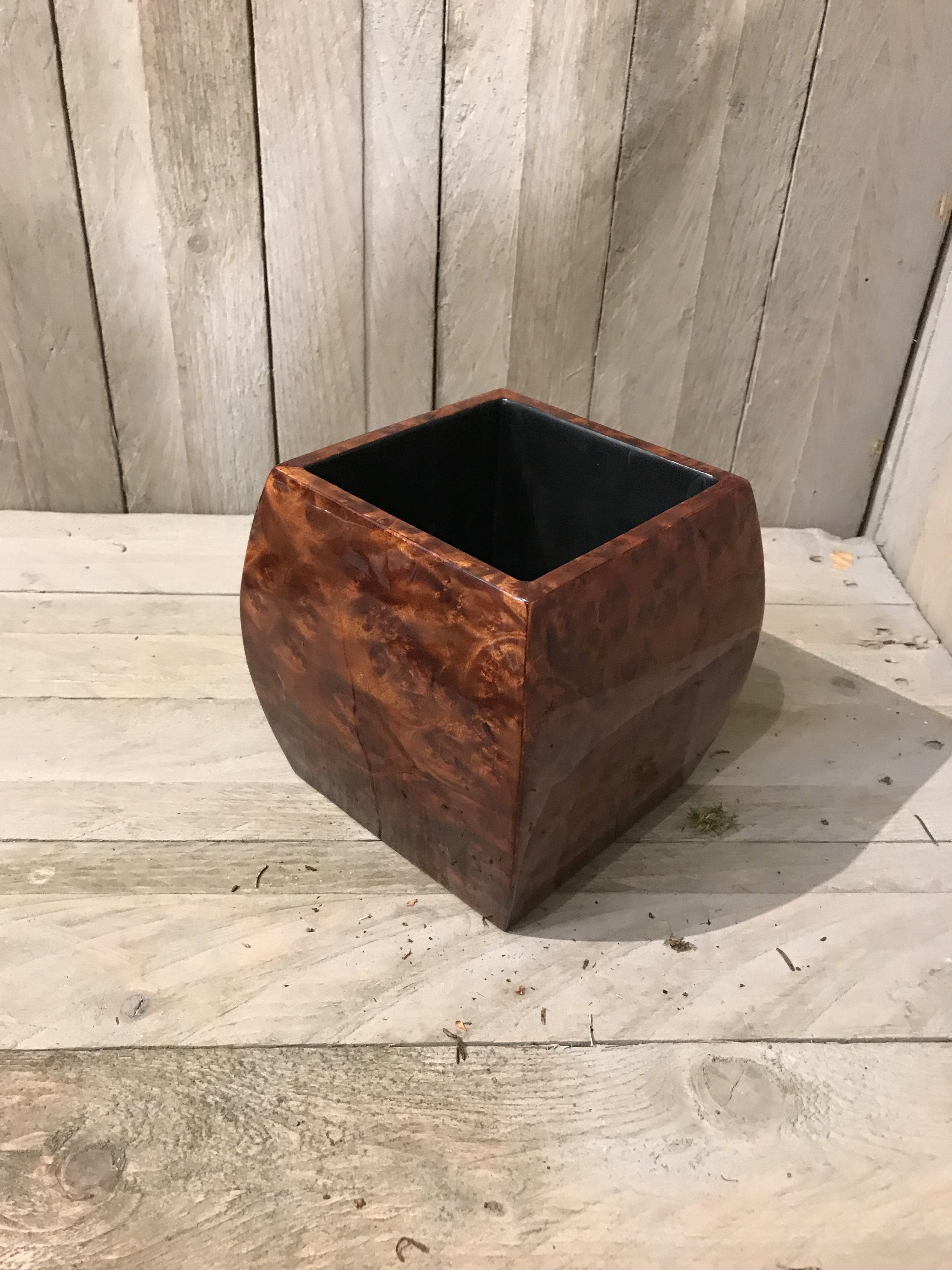Small Square Convex Design Lacquered  Dark Wooden Cachepot