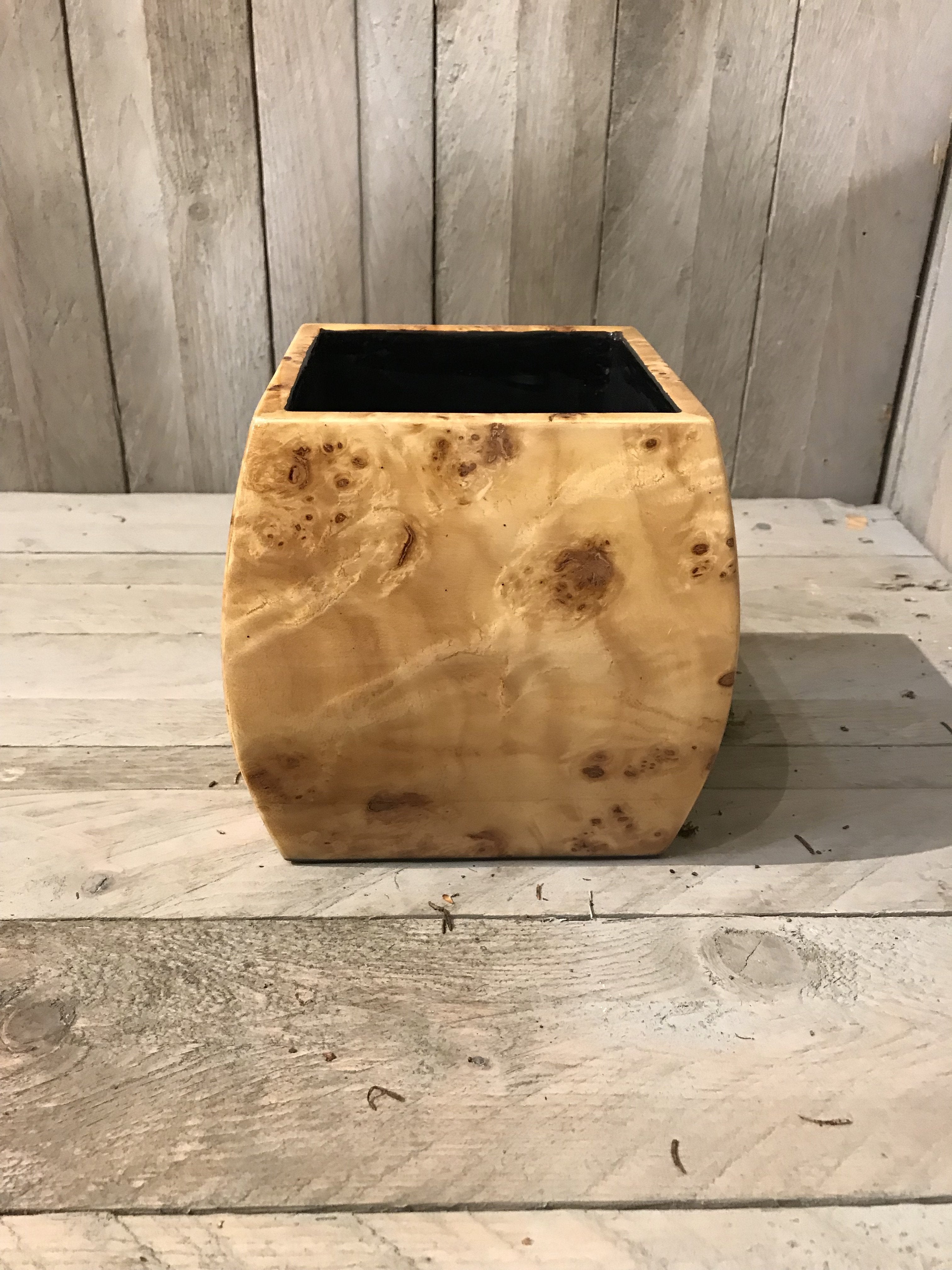 Small Square Convex Design Laquered Pale Wooden Cachepot
