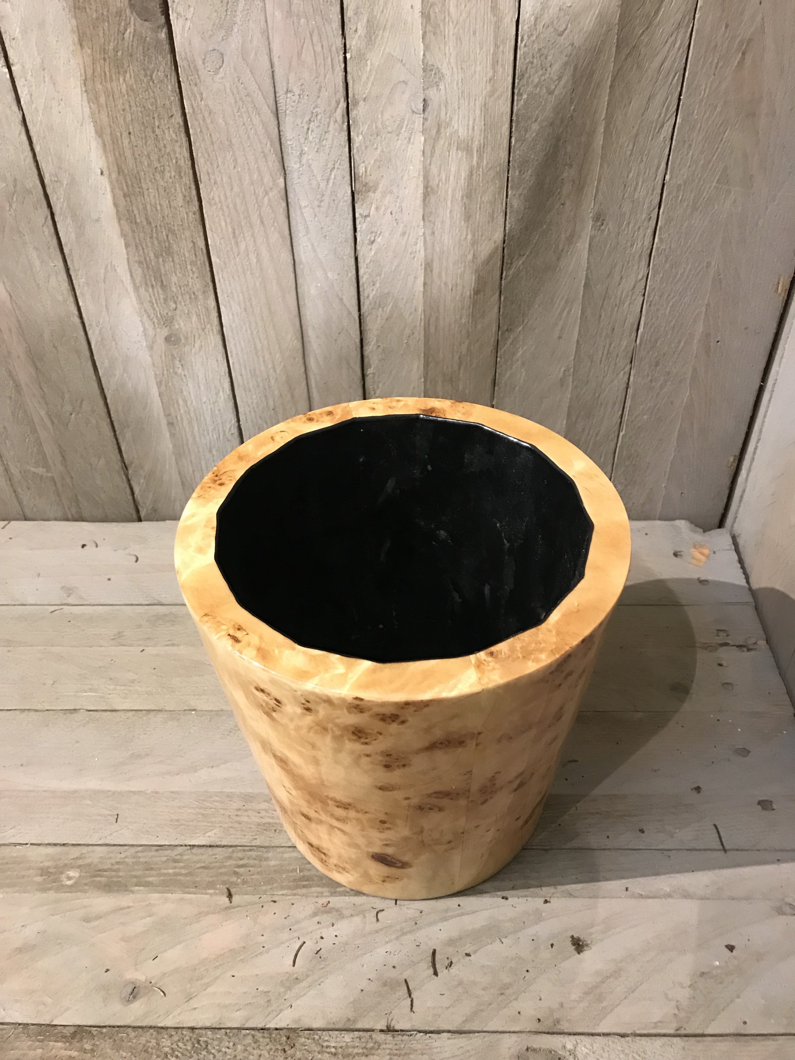 Large Round Design Lacquered Pale Wooden Cachepot
