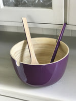 Load image into Gallery viewer, Bamboo Salad Bowl Aubergine with servers
